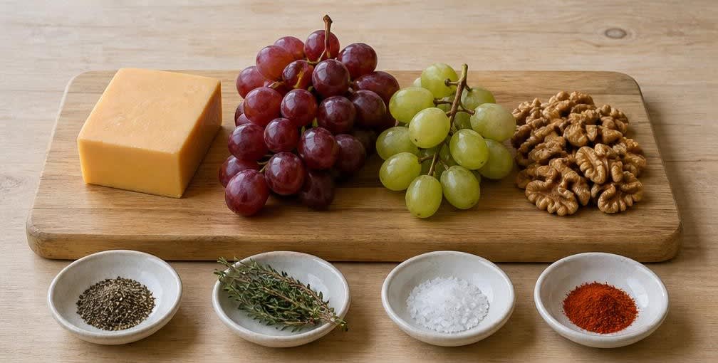 Cheddar-Würfel mit Weintrauben, Thymian und Walnüssen – Zutaten