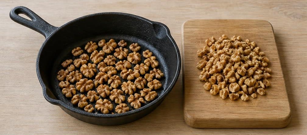 Cheddar-Würfel mit Weintrauben, Thymian und Walnüssen – Zubereitung Schritt für Schritt – Walnüsse rösten und hacken