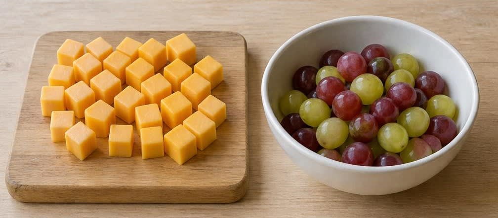 Cheddar-Würfel mit Weintrauben, Thymian und Walnüssen – Zubereitung Schritt für Schritt – Cheddar und Trauben vorbereiten