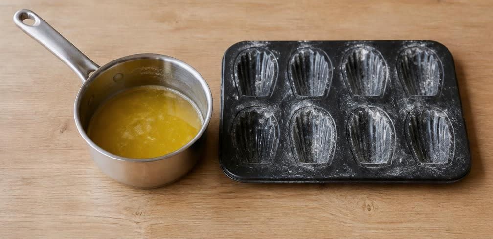 Französische Madeleines aus ungebleichtem Mehl – Zubereitung Schritt für Schritt – Butter schmelzen und Form vorbereiten