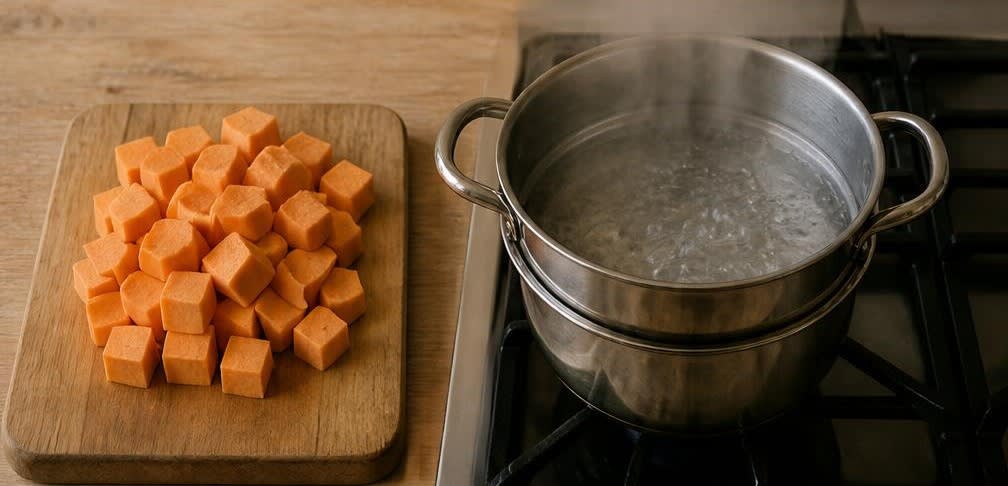 Indonesische gedämpfte Süßkartoffel mit Pandan-Kokossauce – Zubereitung Schritt für Schritt – Süßkartoffeln vorbereiten