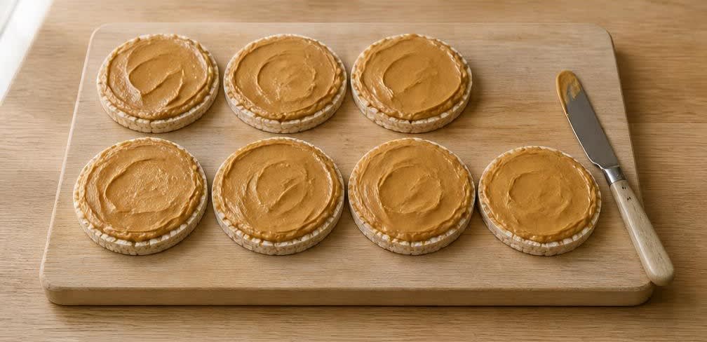 Knusprige Reiswaffeln mit Erdnussbutter und Banane – Zubereitung Schritt für Schritt – Erdnussbutter bestreichen