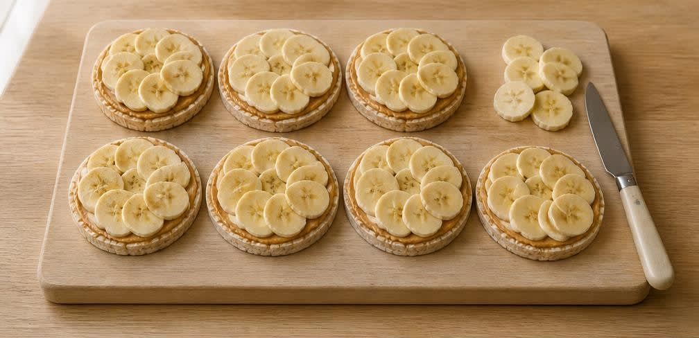 Knusprige Reiswaffeln mit Erdnussbutter und Banane – Zubereitung Schritt für Schritt – Bananen schneiden und belegen