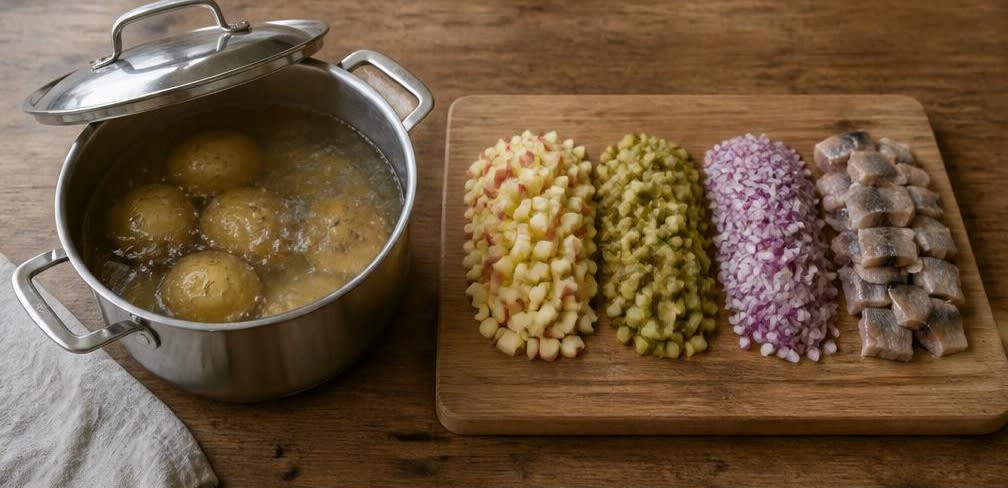Zarter Hering mit Apfel-Gewürzgurken-Quark und Pellkartoffeln – Zubereitung Schritt für Schritt – Kartoffeln kochen & Vorbereiten