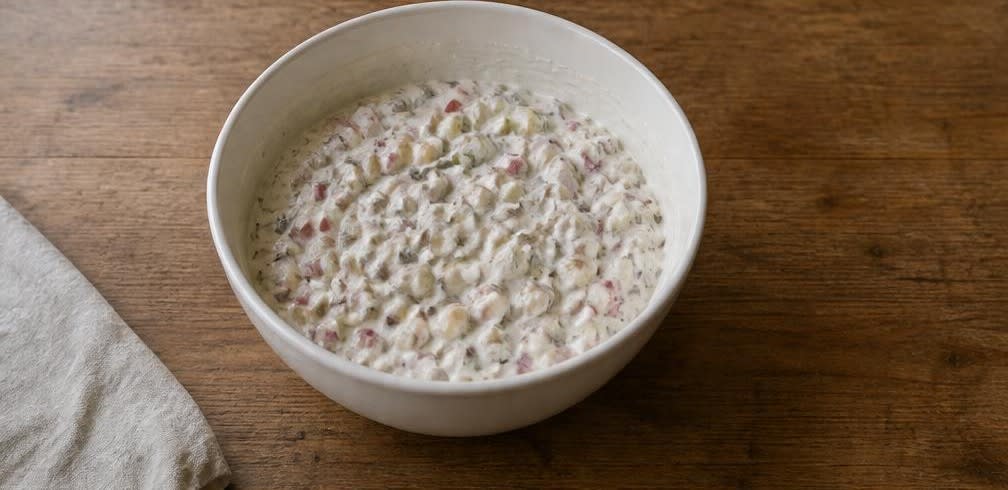 Zarter Hering mit Apfel-Gewürzgurken-Quark und Pellkartoffeln – Zubereitung Schritt für Schritt – Apfel-Gewürzgurken-Quark mischen