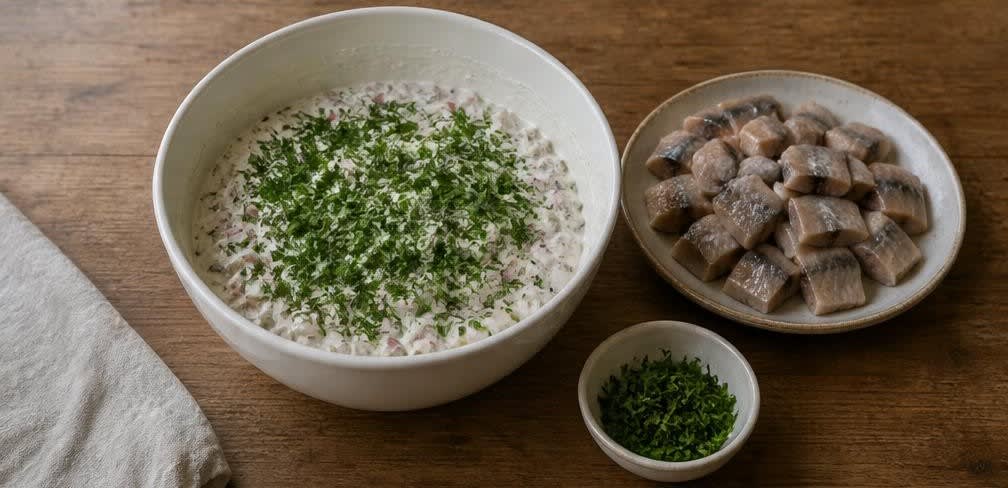 Zarter Hering mit Apfel-Gewürzgurken-Quark und Pellkartoffeln – Zubereitung Schritt für Schritt – Hering & Kräuter hinzufügen
