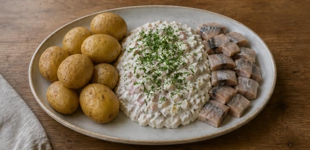Zarter Hering mit Apfel-Gewürzgurken-Quark und Pellkartoffeln – Zubereitung Schritt für Schritt – Anrichten