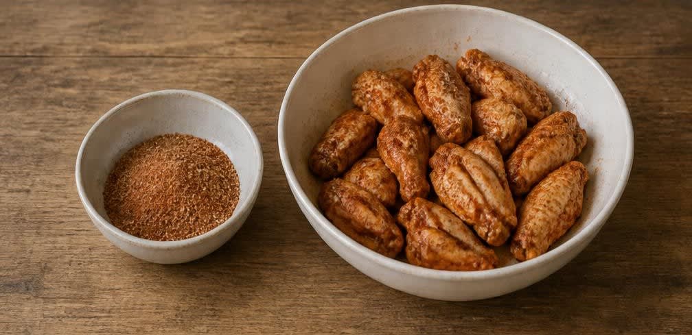 Knusprige Hähnchenflügel aus dem Ofen in scharfer Butter – Zubereitung Schritt für Schritt – Gewürzmischung herstellen und Hähnchen würzen