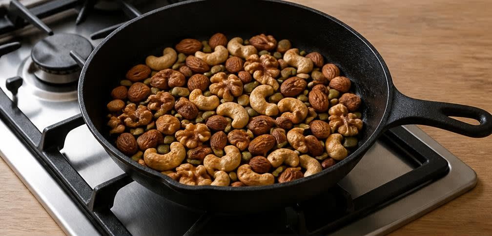 Knusprige Nuss-Frucht-Mischung mit ungeschwefelten Aprikosen – Zubereitung Schritt für Schritt – Nüsse rösten