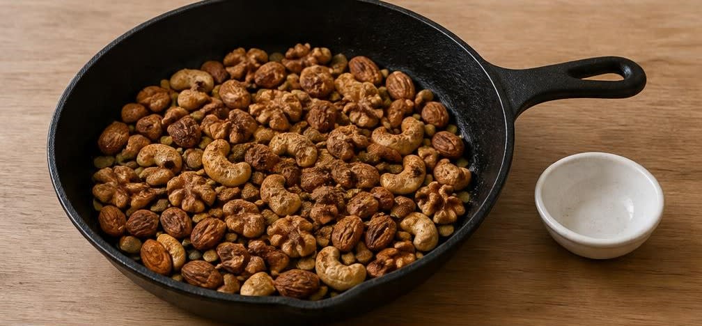 Knusprige Nuss-Frucht-Mischung mit ungeschwefelten Aprikosen – Zubereitung Schritt für Schritt – Nüsse würzen