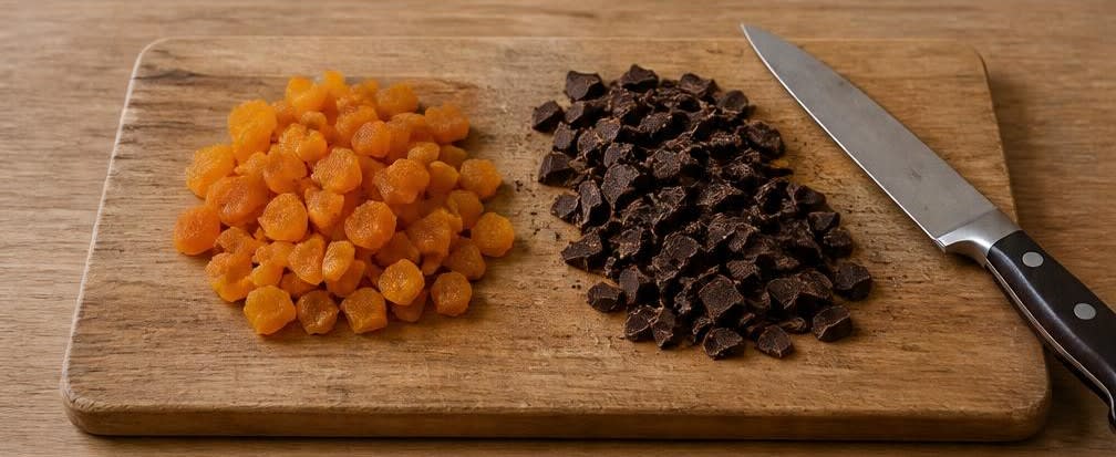 Knusprige Nuss-Frucht-Mischung mit ungeschwefelten Aprikosen – Zubereitung Schritt für Schritt – Früchte und Schokolade vorbereiten