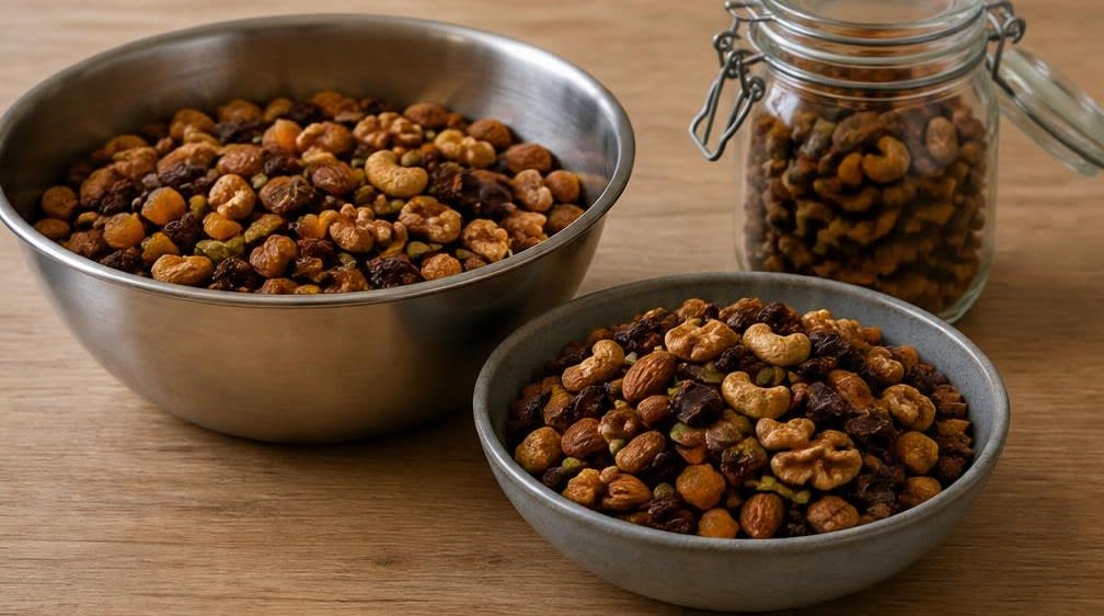 Knusprige Nuss-Frucht-Mischung mit ungeschwefelten Aprikosen – Zubereitung Schritt für Schritt – Mischung anrichten