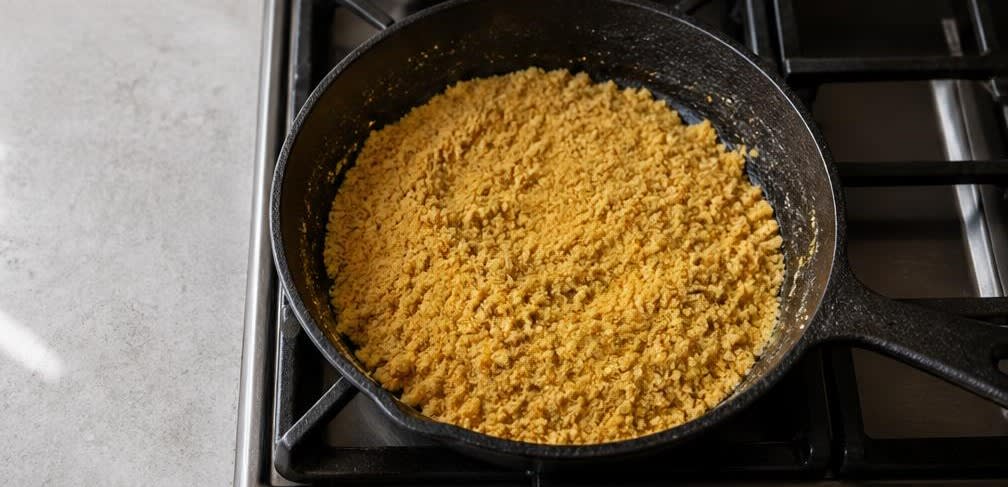 Cremiges Kichererbsen-Halwa mit Ghee und Kardamom – Zubereitung Schritt für Schritt – Kichererbsenmehl rösten