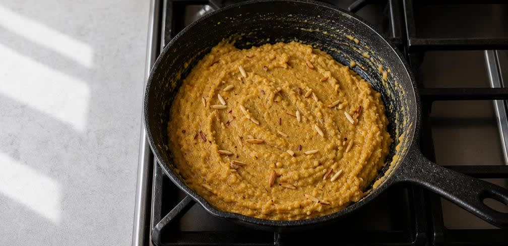 Cremiges Kichererbsen-Halwa mit Ghee und Kardamom – Zubereitung Schritt für Schritt – Halwa einkochen und Mandeln unterheben