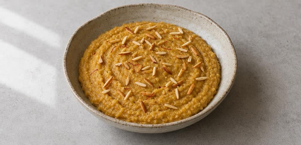 Cremiges Kichererbsen-Halwa mit Ghee und Kardamom – Zubereitung Schritt für Schritt – Anrichten