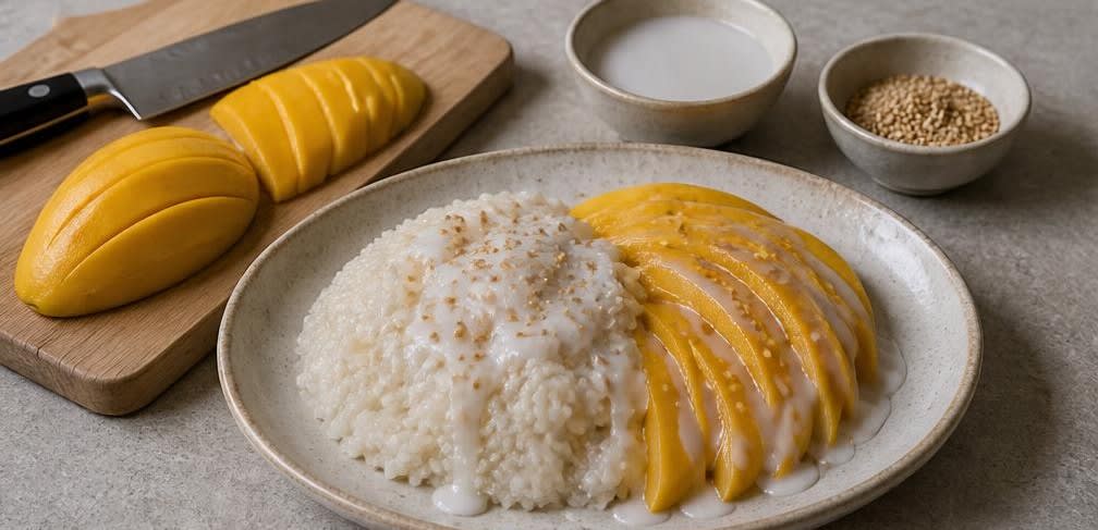 Thailändischer Klebreis mit Mango und Kokosmilch – Zubereitung Schritt für Schritt – Anrichten