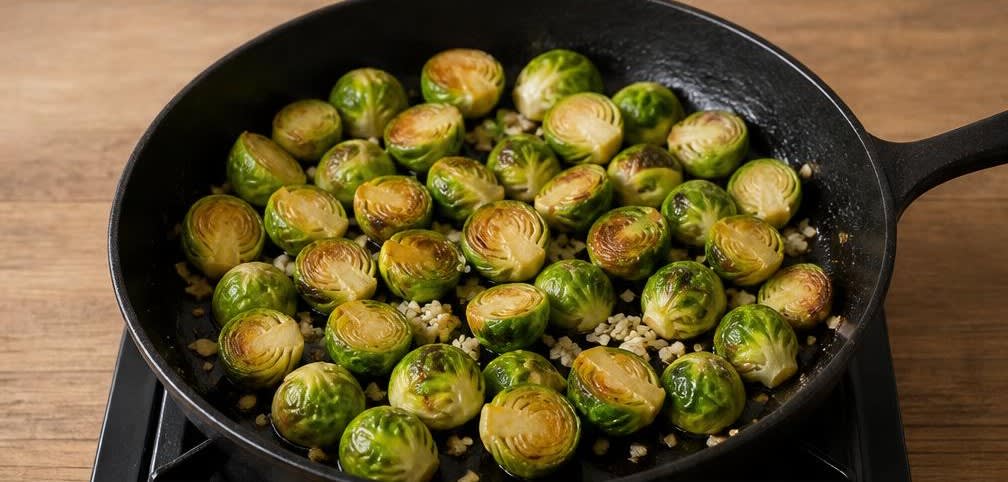 Deutscher Linsentopf mit geröstetem Rosenkohl und Vollkornreis – Zubereitung Schritt für Schritt – Rosenkohl anbraten