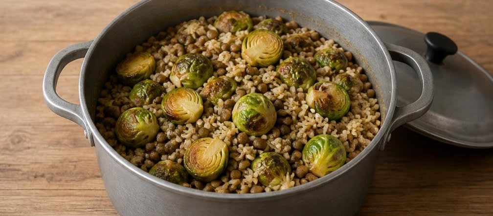 Deutscher Linsentopf mit geröstetem Rosenkohl und Vollkornreis – Zubereitung Schritt für Schritt – Rosenkohl unterheben