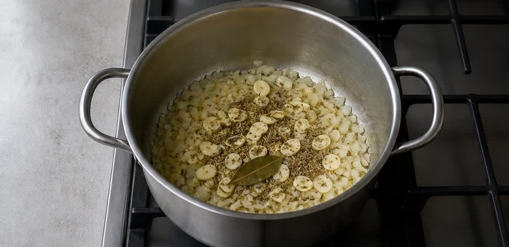 Griechischer Bohnen-Spinat-Topf mit Knoblauch und Zitrone – Zubereitung Schritt für Schritt – Knoblauch und Gewürze rösten