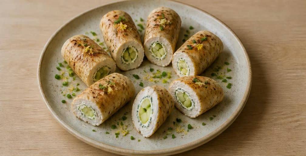 Putenbrust-Röllchen mit Kräuter-Frischkäse und Gurke – Zubereitung Schritt für Schritt – Röllchen aufschneiden und anrichten