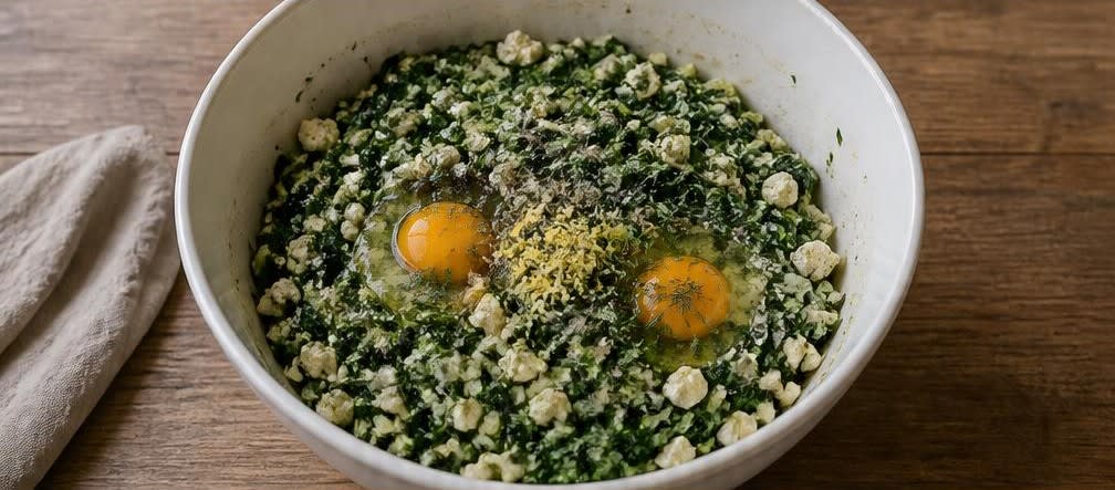 Griechische Spanakopita mit blanchiertem Spinat – Zubereitung Schritt für Schritt – Füllung herstellen