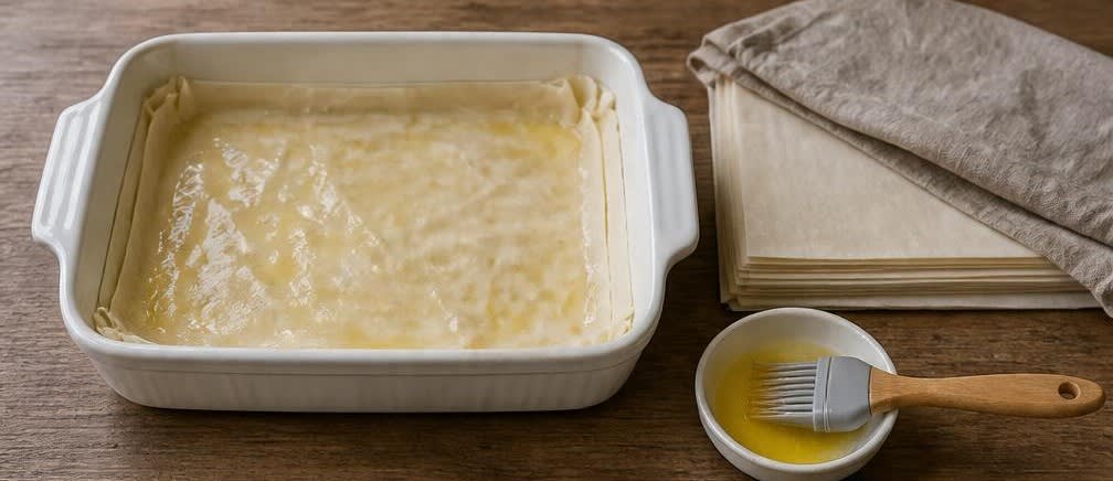 Griechische Spanakopita mit blanchiertem Spinat – Zubereitung Schritt für Schritt – Filoteig vorbereiten und Form belegen
