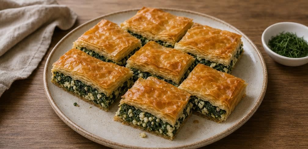 Griechische Spanakopita mit blanchiertem Spinat – Zubereitung Schritt für Schritt – Anrichten
