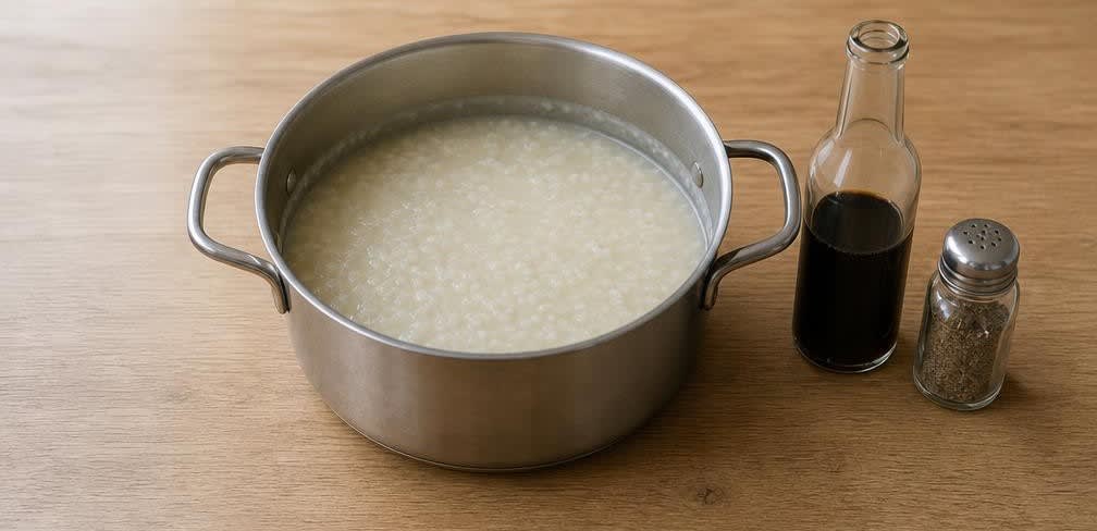Klassisches Congee mit weichem Ei und Frühlingszwiebeln – Zubereitung Schritt für Schritt – Congee abschmecken