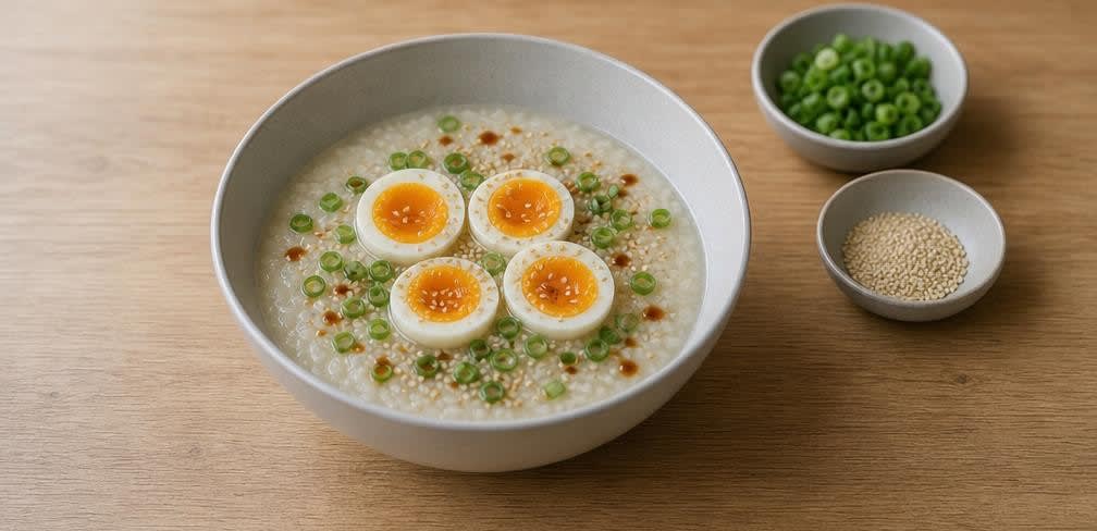 Klassisches Congee mit weichem Ei und Frühlingszwiebeln – Zubereitung Schritt für Schritt – Anrichten