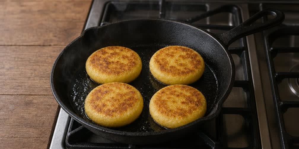 Knusprige Arepas con Queso mit cremiger Käsefüllung – Zubereitung Schritt für Schritt – Arepas braten