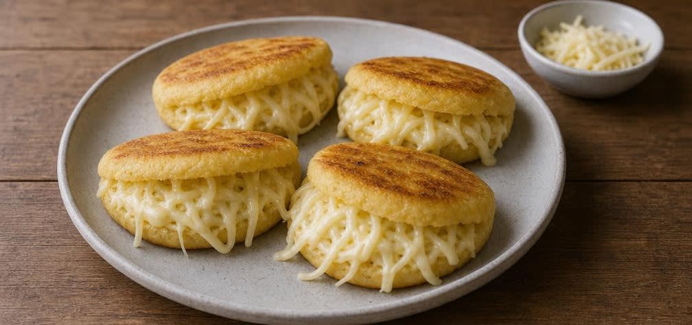 Knusprige Arepas con Queso mit cremiger Käsefüllung – Zubereitung Schritt für Schritt – Arepas füllen und anrichten