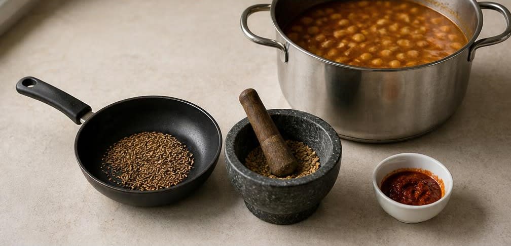 Tunesische Kichererbsensuppe Lablabi – Zubereitung Schritt für Schritt – Gewürze anrösten und einrühren