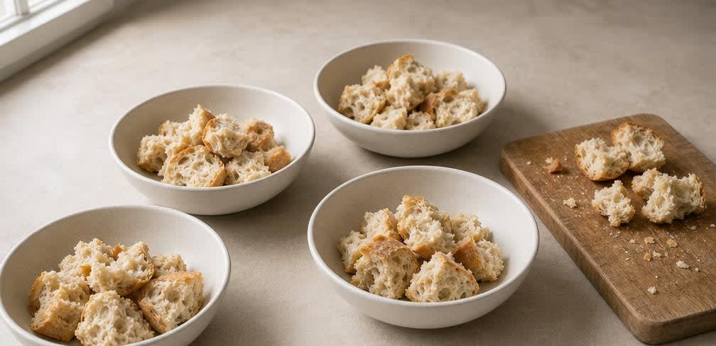 Tunesische Kichererbsensuppe Lablabi – Zubereitung Schritt für Schritt – Weißbrot verteilen