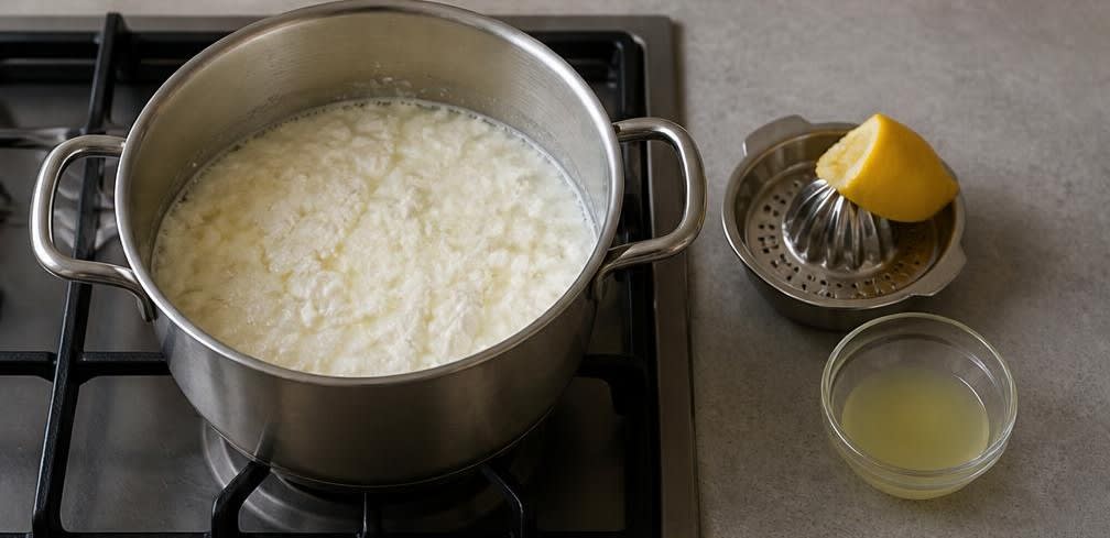 Libanesische Ashta-Creme mit Mandeln und Pistazien – Zubereitung Schritt für Schritt – Milch erhitzen und ausflocken