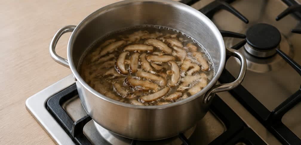 Traditionelle Miso-Suppe mit Tofu und Shiitake zum Frühstück – Zubereitung Schritt für Schritt – Shiitake in Brühe köcheln