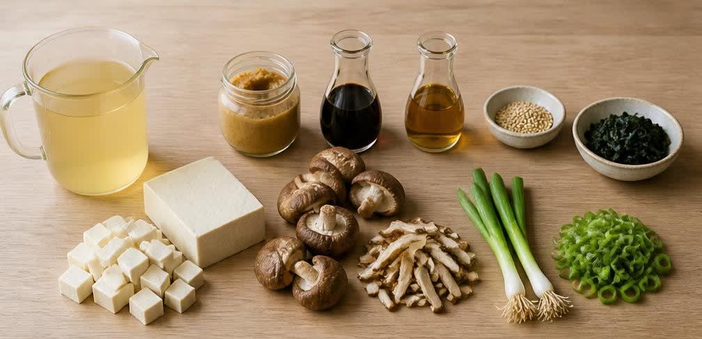 Traditionelle Miso-Suppe mit Tofu und Shiitake zum Frühstück – Zutaten