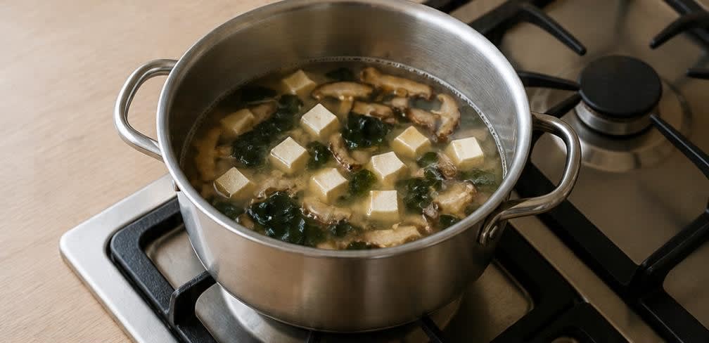 Traditionelle Miso-Suppe mit Tofu und Shiitake zum Frühstück – Zubereitung Schritt für Schritt – Tofu und Wakame erwärmen