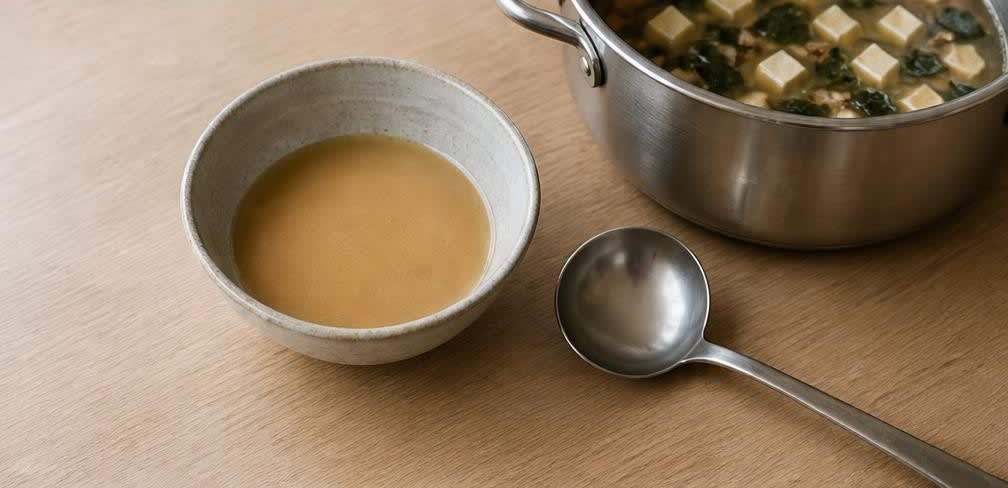 Traditionelle Miso-Suppe mit Tofu und Shiitake zum Frühstück – Zubereitung Schritt für Schritt – Miso glattrühren