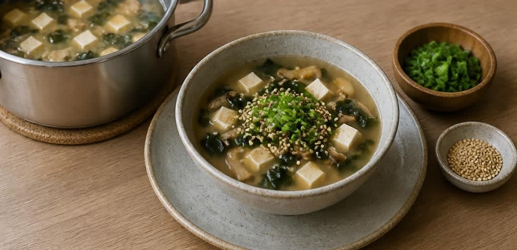 Traditionelle Miso-Suppe mit Tofu und Shiitake zum Frühstück – Zubereitung Schritt für Schritt – Suppe fertigstellen und anrichten