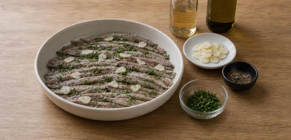 Spanische Boquerones en Vinagre – Zubereitung Schritt für Schritt – Sardellen schichten