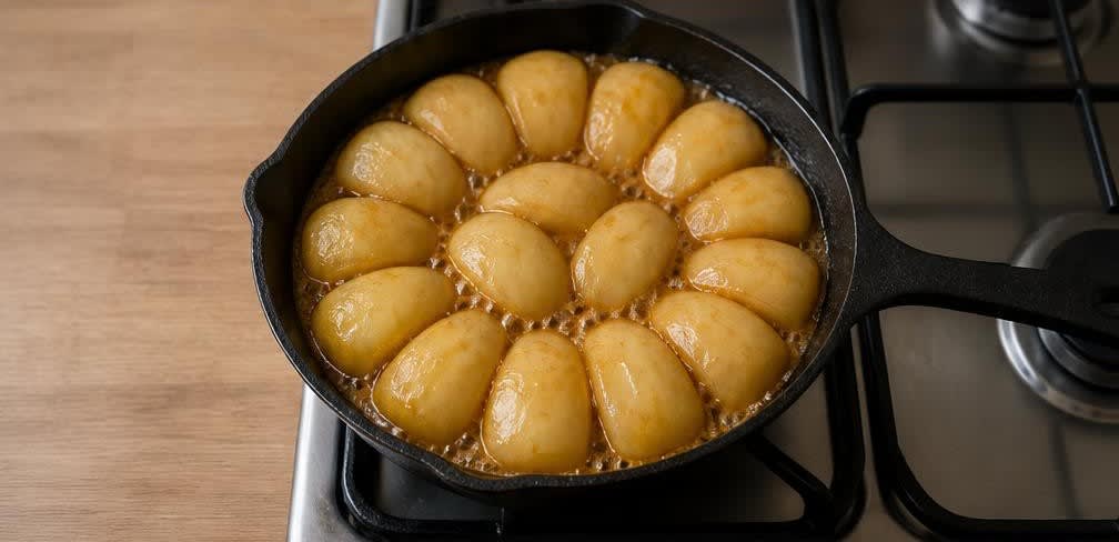 Französische Tarte Tatin mit karamellisierten Apfelvierteln – Zubereitung Schritt für Schritt – Äpfel im Karamell garen