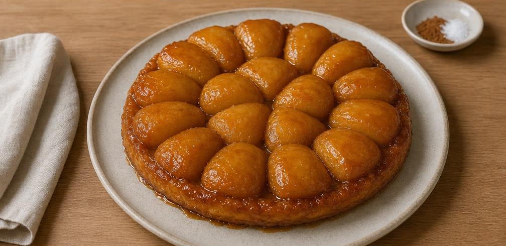 Französische Tarte Tatin mit karamellisierten Apfelvierteln – Zubereitung Schritt für Schritt – Anrichten