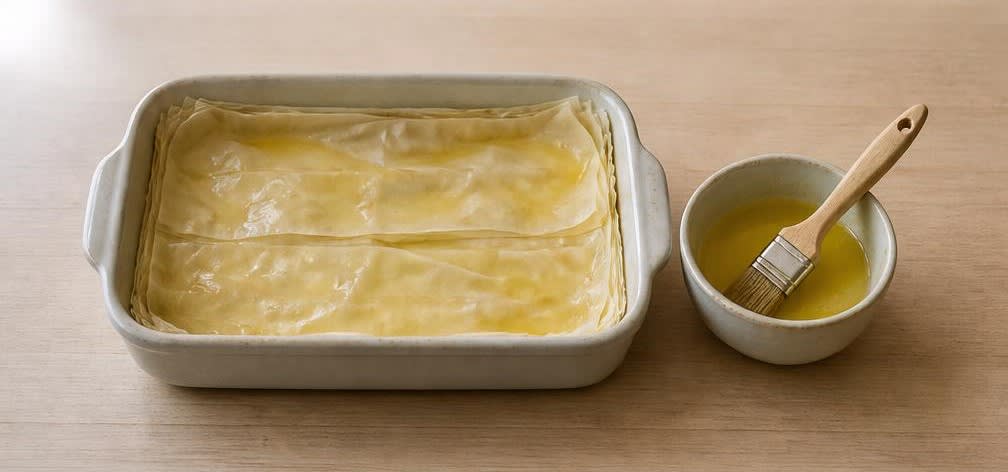 Baklava mit ganzen Walnüssen – Zubereitung Schritt für Schritt – Filoteig schichten und buttern