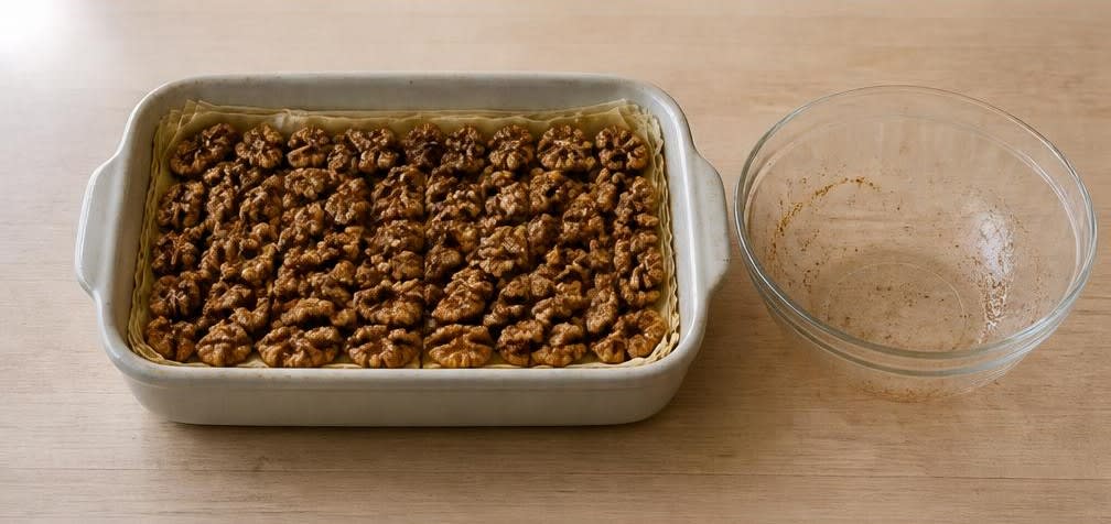 Baklava mit ganzen Walnüssen – Zubereitung Schritt für Schritt – Walnüsse verteilen