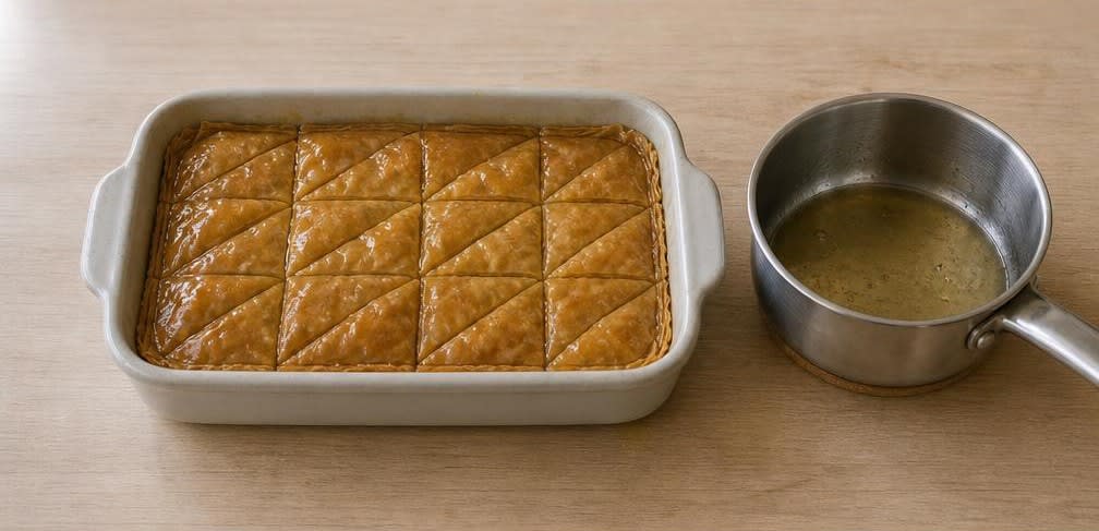 Baklava mit ganzen Walnüssen – Zubereitung Schritt für Schritt – Sirup übergießen