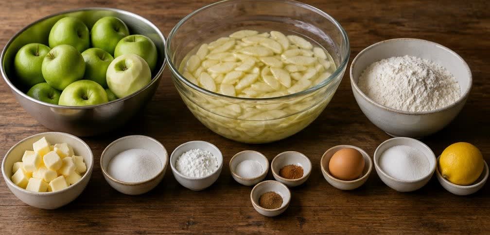 Klassischer American Apple Pie mit saftigen Apfelscheiben – Zutaten bereitstellen