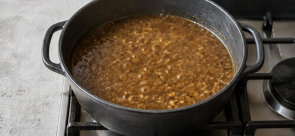 Persisches Fesenjan mit Hähnchen in Walnuss-Granatapfelsoße – Zubereitung Schritt für Schritt – Soßenbasis aufkochen