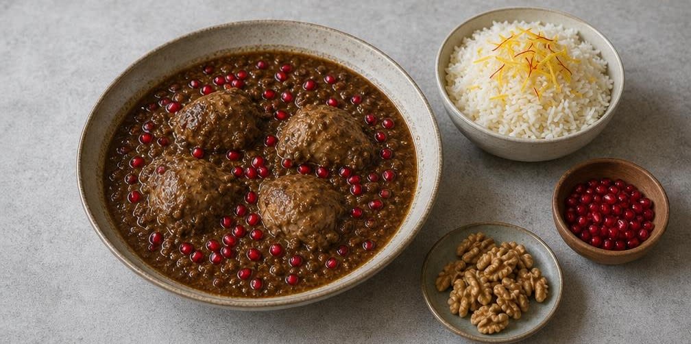 Persisches Fesenjan mit Hähnchen in Walnuss-Granatapfelsoße – Zubereitung Schritt für Schritt – Anrichten