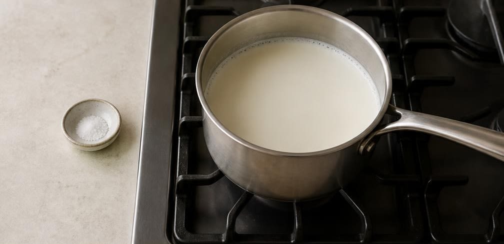 Cremiges Japanisches Matcha-Eis – Zubereitung Schritt für Schritt – Sahne-Milch-Mischung erwärmen