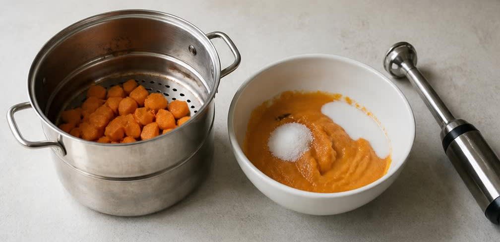Halo-Halo mit frischen Früchten – Zubereitung Schritt für Schritt – Süßkartoffelcreme herstellen